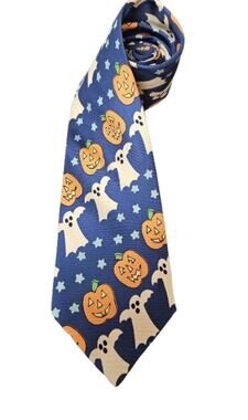 Lillian Vernon Necktie Vibrant Blue Pumpkins Halloween Ghosts Business Formal